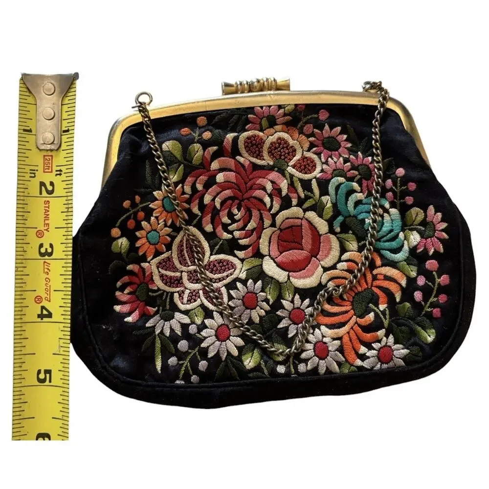 Floral Clutch VTG 60s 70s Black Silk Embroidered Evening Bag Hong Kong